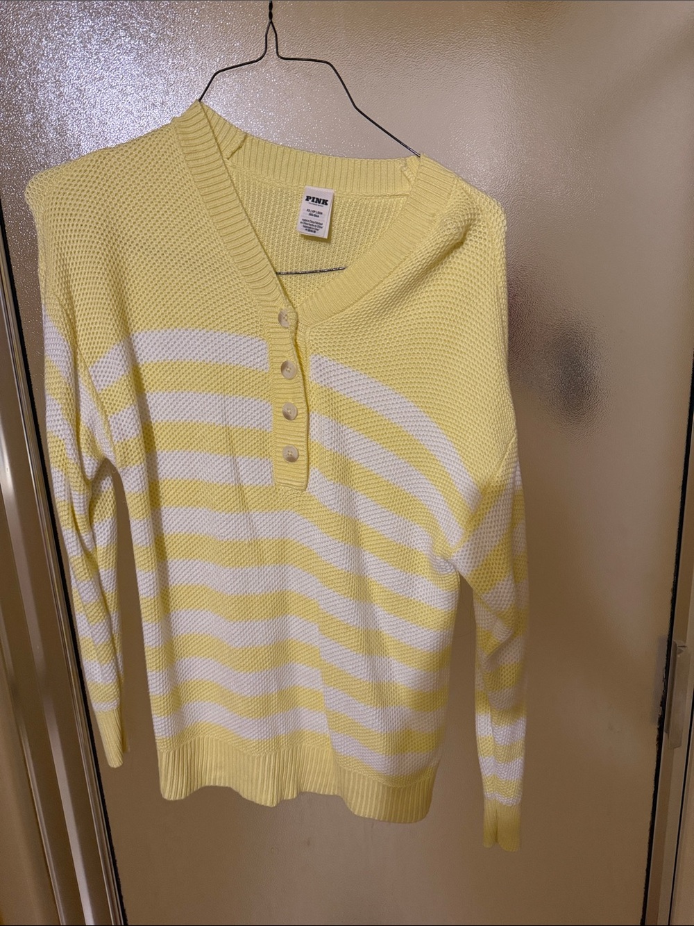 PINK Victoria's Secret Yellow & White Striped V‑Neck Henley Sweater